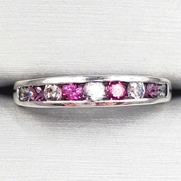 Pink & White Topaz Simulants 925 Sterling Silver Stackable Band Ring - Picture 1 of 7